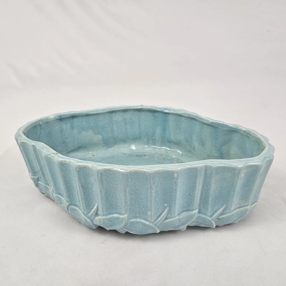 Vintage McCoy Pottery Jardinière Planter Aqua Blue Turquoise Bamboo Leaves 1940 - Picture 3 of 14